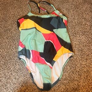 Xersion Women's XXL One Piece Swimsuit Colorful Geometric Crisscross Back